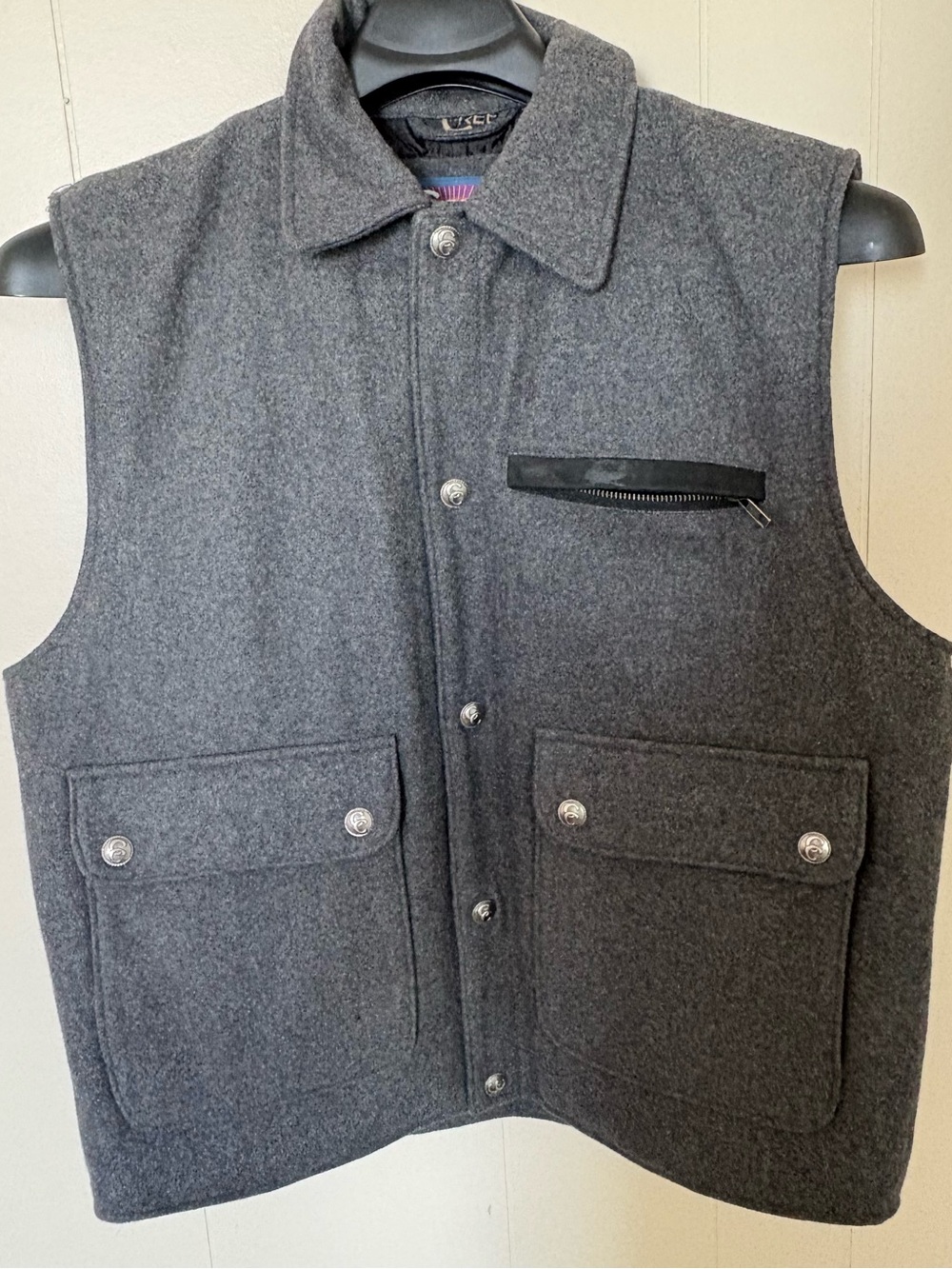 Men's Charcoal Wool Button-Front Vest with Zip Chest Pocket